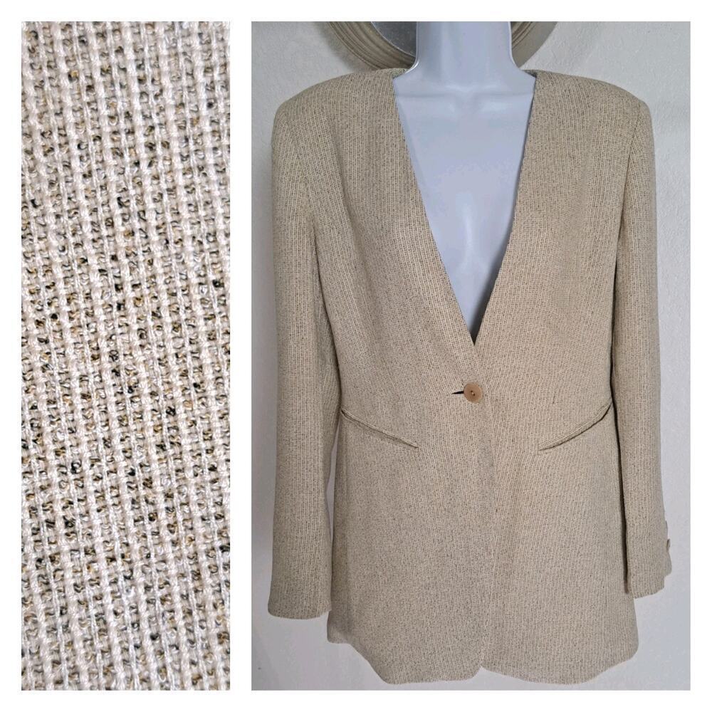 Escada Single Breasted Textured Blazer Sz S 6 Khaki New Wool/Silk Blend Coastal
